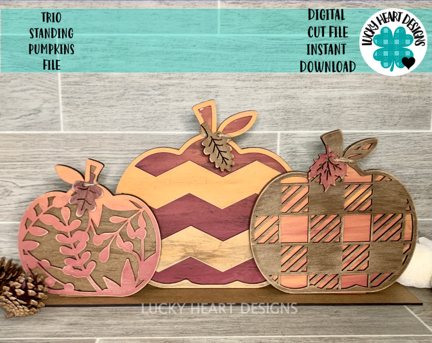 Trio Standing Pumpkin File SVG, Fall Glowforge, LuckyHeartDesignsCo