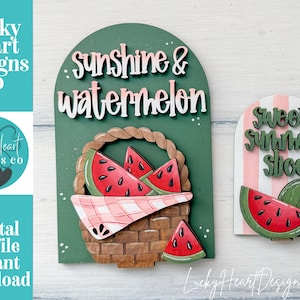 May include: Wooden summer-themed decorations. One features a basket of watermelon slices with the text "sunshine & watermelon." The other has a watermelon slice and whole watermelon with the text "sweet summer slice." Both have a green, red, and white color scheme.