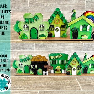 File SVG di case in piedi per il giorno di San Patrizio con trifoglio, Glowforge, LuckyHeartDesignsCo