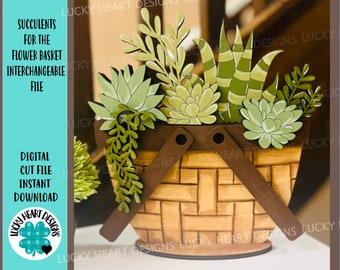 May include: A digital cut file for a flower basket with interchangeable succulent designs. The basket is brown with a woven pattern and the succulents are green and yellow.