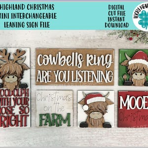 Mini fichier interchangeable pour signe penché de Noël Highland SVG, vache, père Noël, renne, plateau à plusieurs niveaux de la ferme Rudolph Glowforge, LuckyHeartDesignsCo