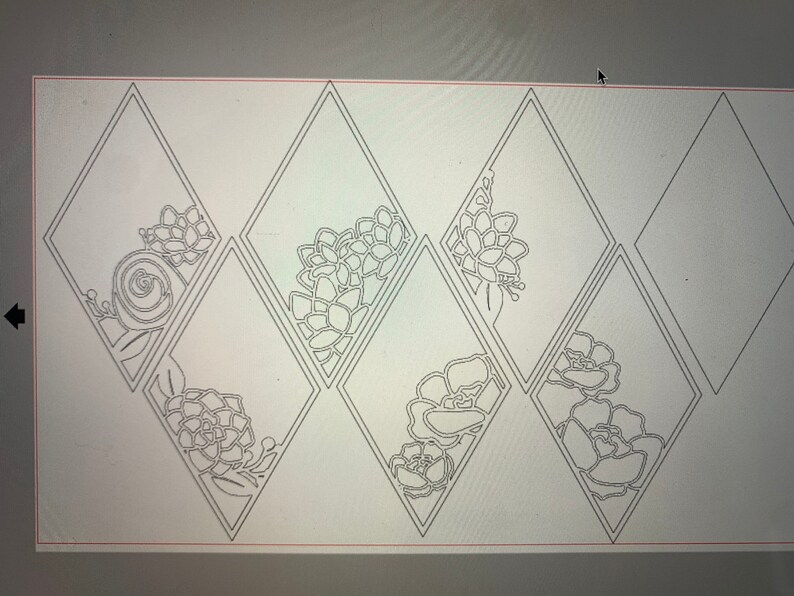 May include: A series of diamond-shaped cutouts with floral designs. Each diamond features a different floral pattern, including roses and succulents, all in a minimalist, line-art style. The cutouts are arranged in a grid.