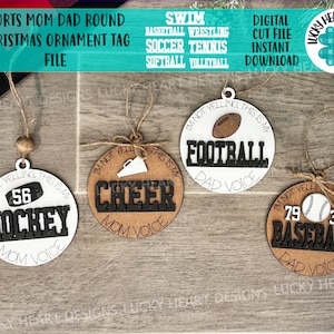 Sport Mama Papa Runde Weihnachten Ornament Tag Datei SVG, Glowforge, Autoanhänger, Bag Tag, Fußball, Jubel, Hockey, Baseball, LuckyHeartDesignsCo