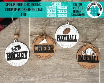 Sports Mom Dad Round Christmas Ornament Tag File SVG, Glowforge, Car Charm, Bag Tag, Football,Cheer, Hockey, Baseball, LuckyHeartDesignsCo