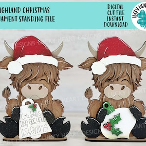 ハイランド クリスマス オーナメント スタンディング ファイル SVG、カウベル、ホリデー、ツリー、オーナメント、ファーム、ティアード トレイ Glowforge、LuckyHeartDesignsCo