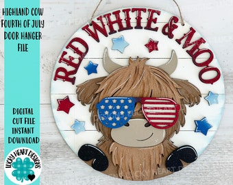 Highland Cow Fourth of July Door Hanger File SVG,  America, Farm, USA Glowforge, LuckyHeartDesignsCo
