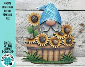 Gnome Sunflower Bucket Standing File SVG, Glowforge, Summer, Fall, Flower, Farm, Tiered Tray LuckyHeartDesignsCo