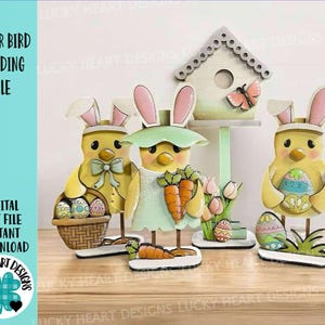 Oiseau de Pâques debout Fichier SVG, Glowforge, poussins, panier, plateau à plusieurs niveaux, oeuf, carotte, nichoir, chasse aux oeufs, LuckyHeartDesignsCo