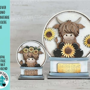 Arquivo intercambiável SVG de globo de neve de girassol das Terras Altas, TINY, Glowforge Outono, Verão, Vaca, Fazenda, Bandeja em camadas LuckyHeartDesignsCo