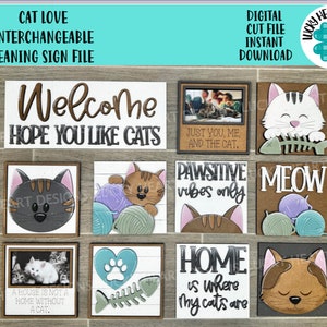 Fichier de signe incliné interchangeable Cat Love SVG, plateau à plusieurs niveaux Glowforge, LuckyHeartDesignsCo