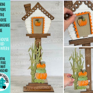 May include: A digital cut file for a stackable pumpkin decoration. The pumpkins are orange and green and are stacked on a wooden stand with a birdhouse on top. The birdhouse is white with brown trim and has a small window with a pumpkin inside. The stand is decorated with green corn stalks.