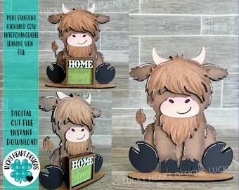 MINI Standing Highland Cow Interchangeable Leaning Sign File SVG, Farm Tiered Tray Glowforge, LuckyHeartDesignsCo