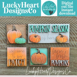 Puede incluir: Una colección de letreros de madera con temática otoñal con calabazas. Los letreros incluyen frases como "Pumpkin Season", "Welcome to our Patch" y "Farm Fresh Pumpkins". La paleta de colores incluye naranja, verde y marrón.
