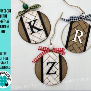 Herringbone Initial Christmas Ornament File SVG, Glowforge, Wedding Gift Tag, Keychain Tag , LuckyHeartDesignsCo
