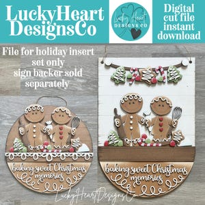 Pode incluir: Um arquivo de corte digital com dois bonecos de gengibre segurando utensílios de confeitaria, com o texto 'baking sweet Christmas memories' e elementos decorativos de Natal em placas de madeira redondas e retangulares.