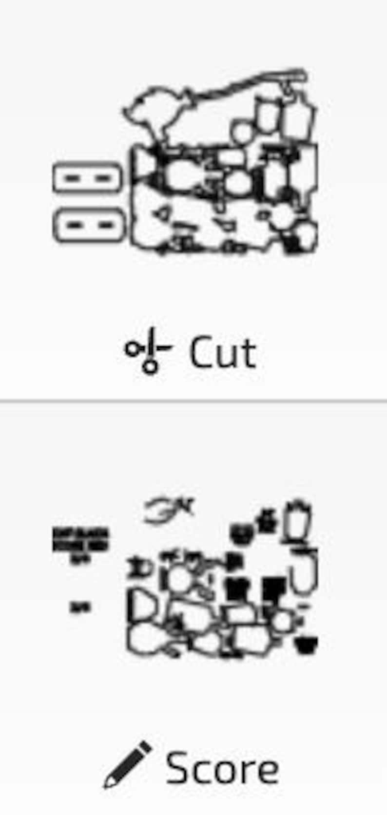 May include: Black and white diagram with the text "Cut" and "Score". The diagram shows various shapes and outlines, likely for a craft or DIY project. The image is a top-down view of the design.