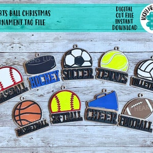 Sports Ball Christmas Ornament Tag File SVG, Glowforge, Car Charm, Bag Tag, Football,Cheer, Soccer, Hockey, Baseball, LuckyHeartDesignsCo
