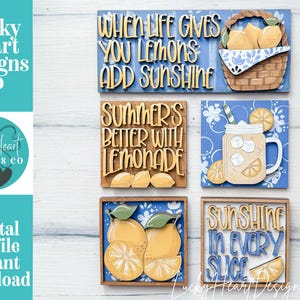 May include: A selection of wooden signs with a lemon theme. One sign says "When life gives you lemons add sunshine" with a basket of lemons. Other signs say "Summers better with lemonade" and "Sunshine in every slice."