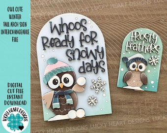 May include: Two winter-themed wooden signs featuring owls. One sign says "Whoos Ready for Snowy Days" with an owl wearing a hat and scarf. The other says "Frosty Feathers" with an owl and snowflakes.