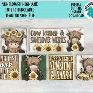 Arquivo SVG de Placa de Inclinação Intercambiável de Girassol das Terras Altas, Outono Verão, Vaca, Fazenda, Flor, Flor, Bandeja em Camadas Glowforge, LuckyHeartDesignsCo