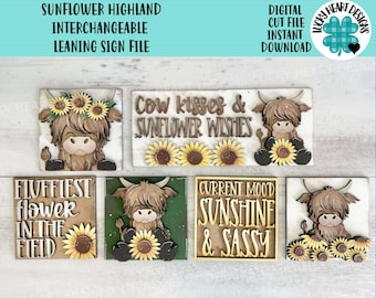 Highland Sonnenblume austauschbare schiefe Zeichendatei SVG, Herbst Sommer, Kuh, Bauernhof, Blume, Blume, Tiered Tablett Glowforge, LuckyHeartDesignsCo