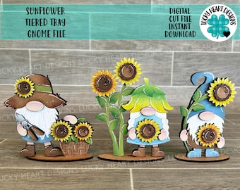 Sunflower Tiered Tray Gnome File SVG, Fall Summer Tiered Tray Holiday Decor, Glowforge, LuckyHeartDesignsCo