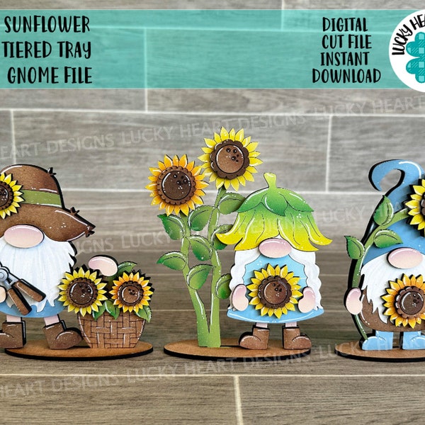 Sunflower Tiered Tray Gnome File SVG, Fall Summer Tiered Tray Holiday Decor, Glowforge, LuckyHeartDesignsCo