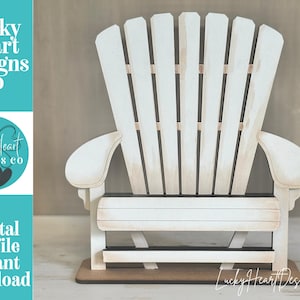May include: A white Adirondack chair cutout with a distressed finish, featuring a tall slatted backrest and wide armrests. The image includes the text Lucky Heart Designs Co and Digital cut file instant download on a teal background.