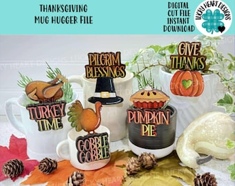 Thanksgiving Mug Hugger Bundle File SVG, Glowforge Tiered Tray, Tray Decor, Pumpkin, Pie, Turkey, Coffee Gift, Topper, LuckyHeartDesignsCo