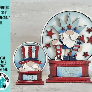 Arquivo intercambiável de globo de neve de gnomo de fogos de artifício de julho SVG, TINY Fourth, Glowforge, verão, América, EUA, bandeja em camadas LuckyHeartDesignsCo
