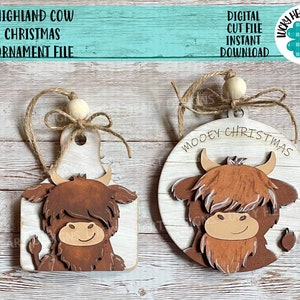 Highland Cow Christmas Ornament File SVG, Glowforge, Farm, LuckyHeartDesignsCo