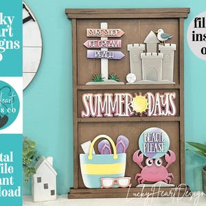 May include: A wooden shelf with beach-themed cutouts. Includes a sandcastle, crab, beach bag, sunglasses, and signs for surf shop, ice cream, and beach. The text "SUMMER DAYS" is displayed prominently.