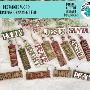 Ornement de Noël mot rectangle fichier SVG, père Noël, paix, joyeux, Rudolph, ferme, vacances Glowforge, LuckyHeartDesignsCo