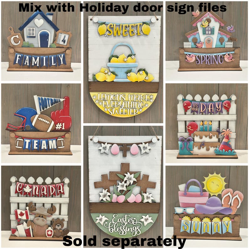May include: A selection of wooden door signs with different themes. Designs include a house with "Family", a sign with lemons and the word "Sweet", a birdhouse with "Spring", a football theme with "Team", a sign with "It's Our Day", a Canadian theme with "Canada", an Easter theme, and a beach theme with "Sunny".