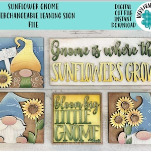 Arquivo de placa inclinada intercambiável de gnomo de girassol SVG, flor, outono, verão, primavera, bandeja em camadas Glowforge, LuckyHeartDesignsCo