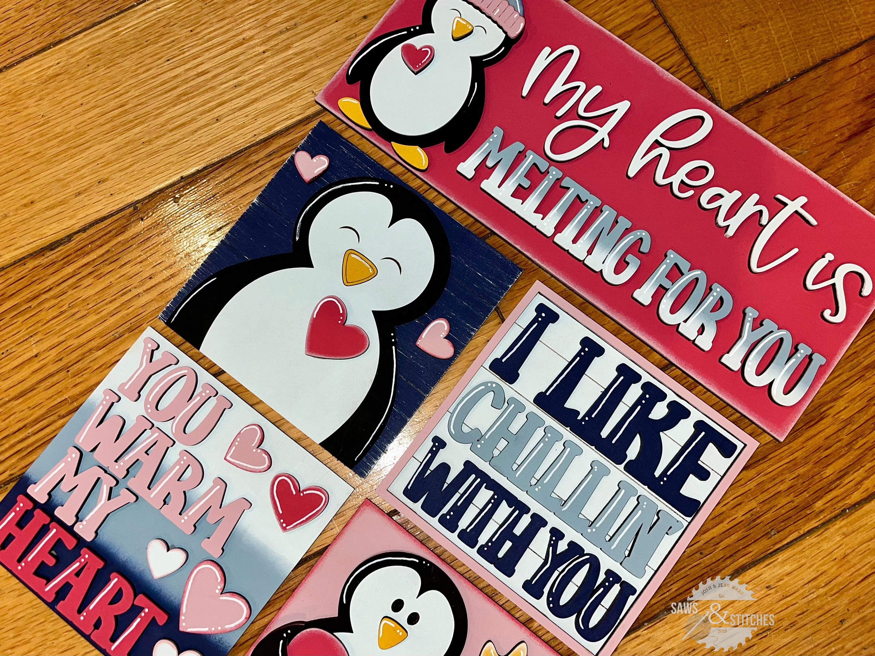 Penguin Valentine Interchangeable Leaning Sign File SVG, Glowforge