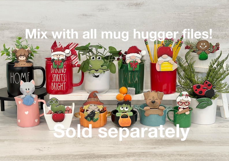 May include: A collection of 10 different mug huggers, each featuring a unique design. The designs include a frog, a gnome, a snowman, a gingerbread man, a witch, a monster, a dog, a woman with glasses, a ladybug, and a worm. The mug huggers are all painted in bright colors and are perfect for adding a touch of personality to your mugs.