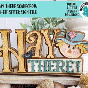Hay There Scarecrow Shelf Sitter Standing File SVG, Glowforge Pumpkin Farm Girl, Boy, Autumn, Gourd, Decor, Tiered Tray, LuckyHeartDesignsCo