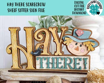 Heu dort Vogelscheuche Shelf Sitter Stehende Datei SVG, Glowforge Kürbis Farm Mädchen, Junge, Herbst, Kürbis, Dekor, Tiered Tablett, LuckyHeartDesignsCo