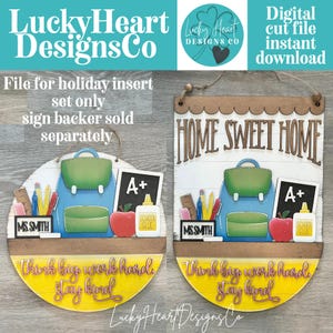 May include: Two wooden school-themed signs. One is round with a backpack, apple, and the text "Think big, work hard, stay kind." The other is rectangular and says "Home Sweet Home." Both have a blue backpack, apple, and school supplies.