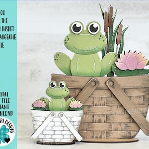 Grenouille pour le panier de fleurs fichier interchangeable SVG, minuscule, lillypad, floral, fleurs, plateau à plusieurs niveaux de printemps, Glowforge, LuckyHeartDesignsCo