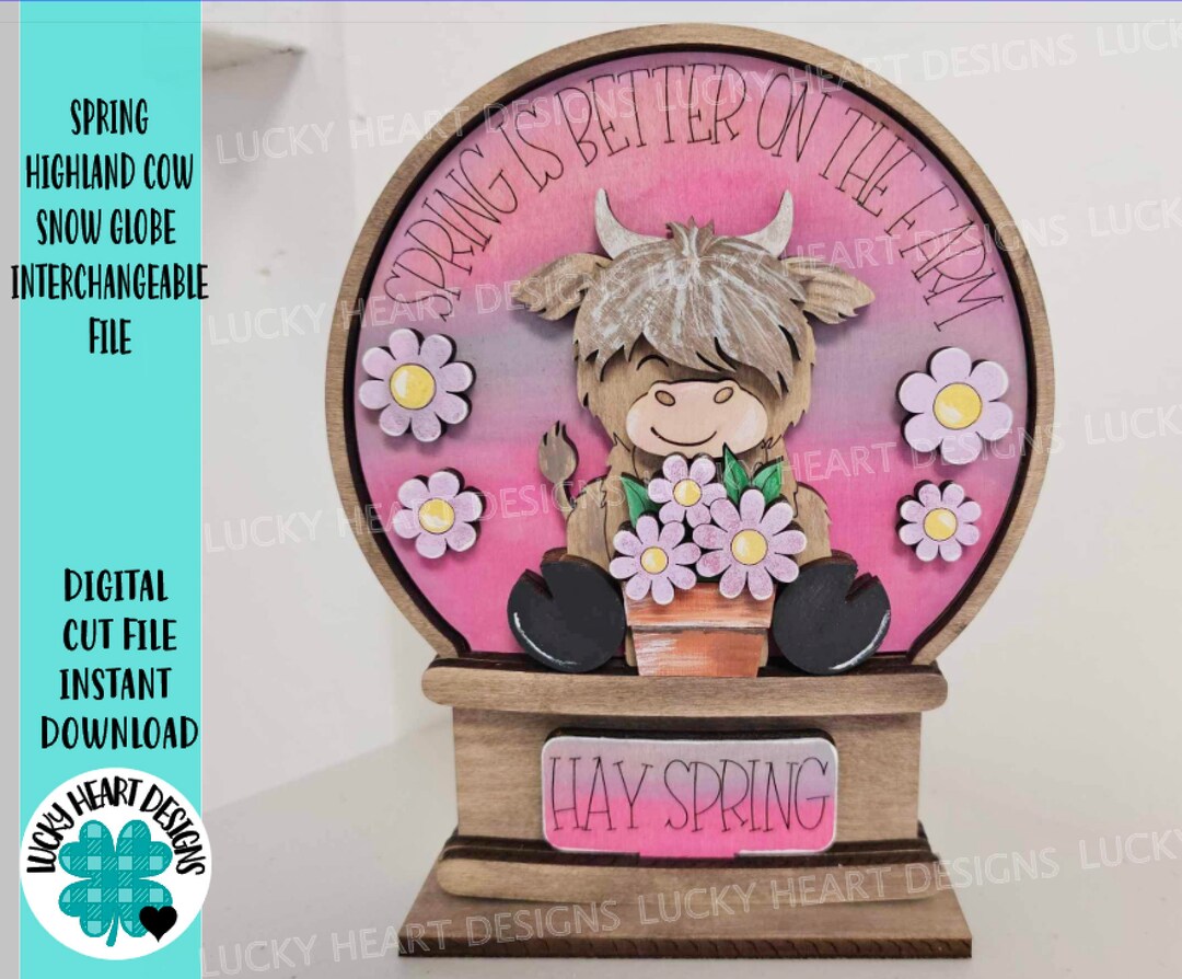 Spring Highland Cow Snow Globe Interchangeable File SVG, Glowforge