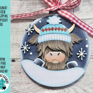 Highland Winter Weihnachtsschmuck-Datei SVG, Glowforge, Kuh, Bauernhof, LuckyHeartDesignsCo