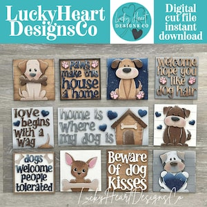 May include: A collection of square wooden signs with dog-themed designs. Each sign features a different dog illustration and a related phrase, such as "Paws make this house a home" and "Beware of dog kisses." The signs are in various colors and styles.