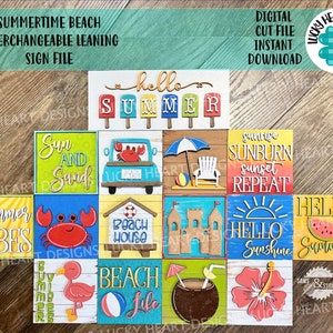 May include: A set of 12 interchangeable summer-themed wooden signs with various phrases and images, including "Hello Summer", "Sun and Sand", "Summer Vibes", "Beach House", "Sunrise Sunburn Sunset Repeat", "Hello Sunshine", "Hello Summer", and "Beach Life".