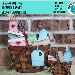 May include: A digital cut file design for a flower basket with a baking theme. The basket is filled with various baking supplies, including a whisk, a rolling pin, a sugar bowl, and a measuring cup. The basket is decorated with hearts and polka dots. The design also includes a small tag that says "with love".