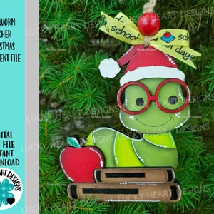 Bookworm Teacher Christmas Ornament File SVG, Glowforge Teacher Gift, Apple, School, Classroom, LuckyHeartDesignsCo