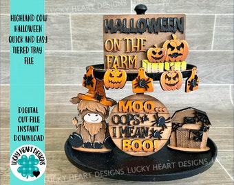Highland Cow Halloween Snel en eenvoudig gelaagd ladebestand SVG, Farm Glowforge Tier Tray, LuckyHeartDesignsCO