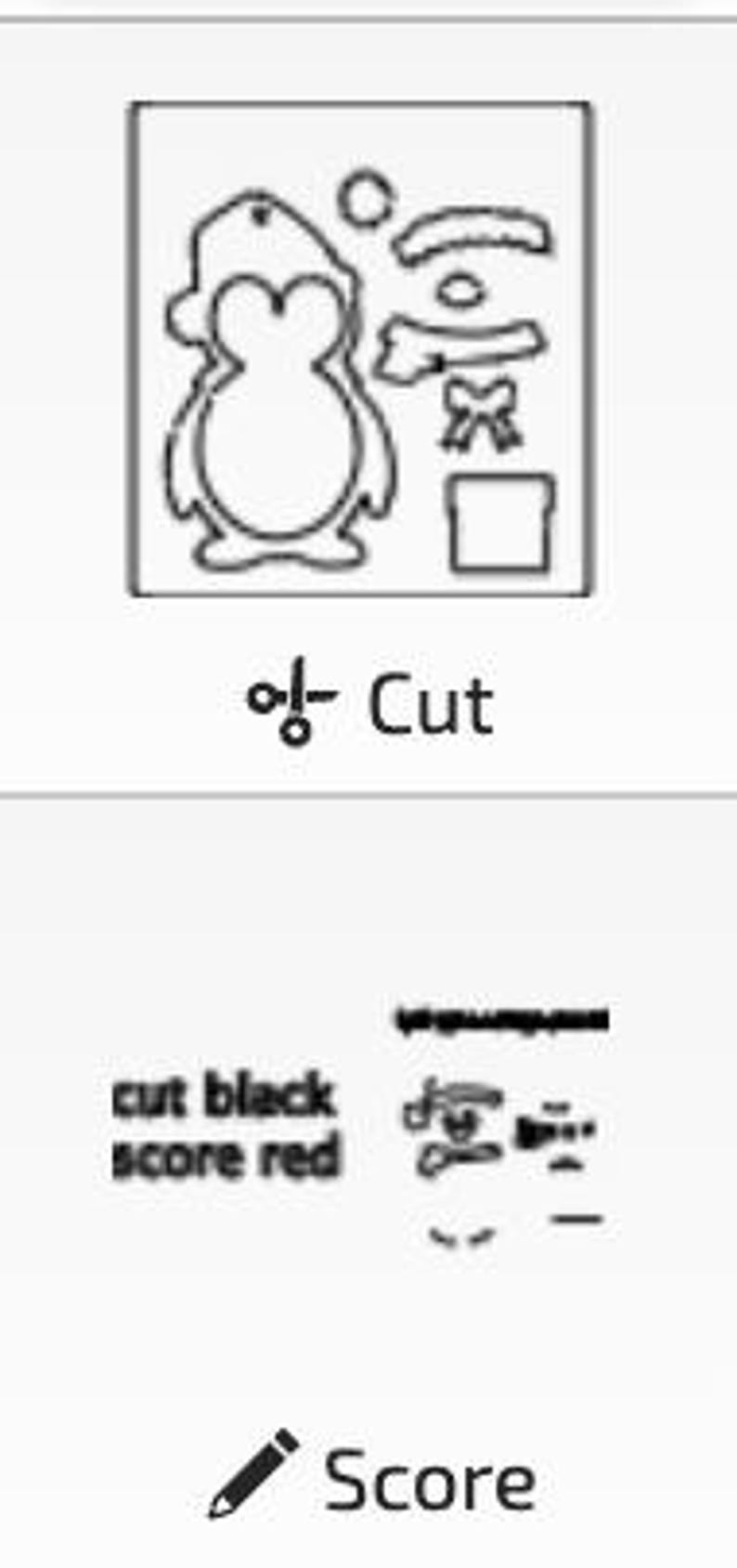May include: A printable penguin craft template with cut and score lines. The template includes a penguin, a bow, a hat, and a gift box. The instructions indicate to cut the lines with scissors and score the lines with a pen or pencil.
