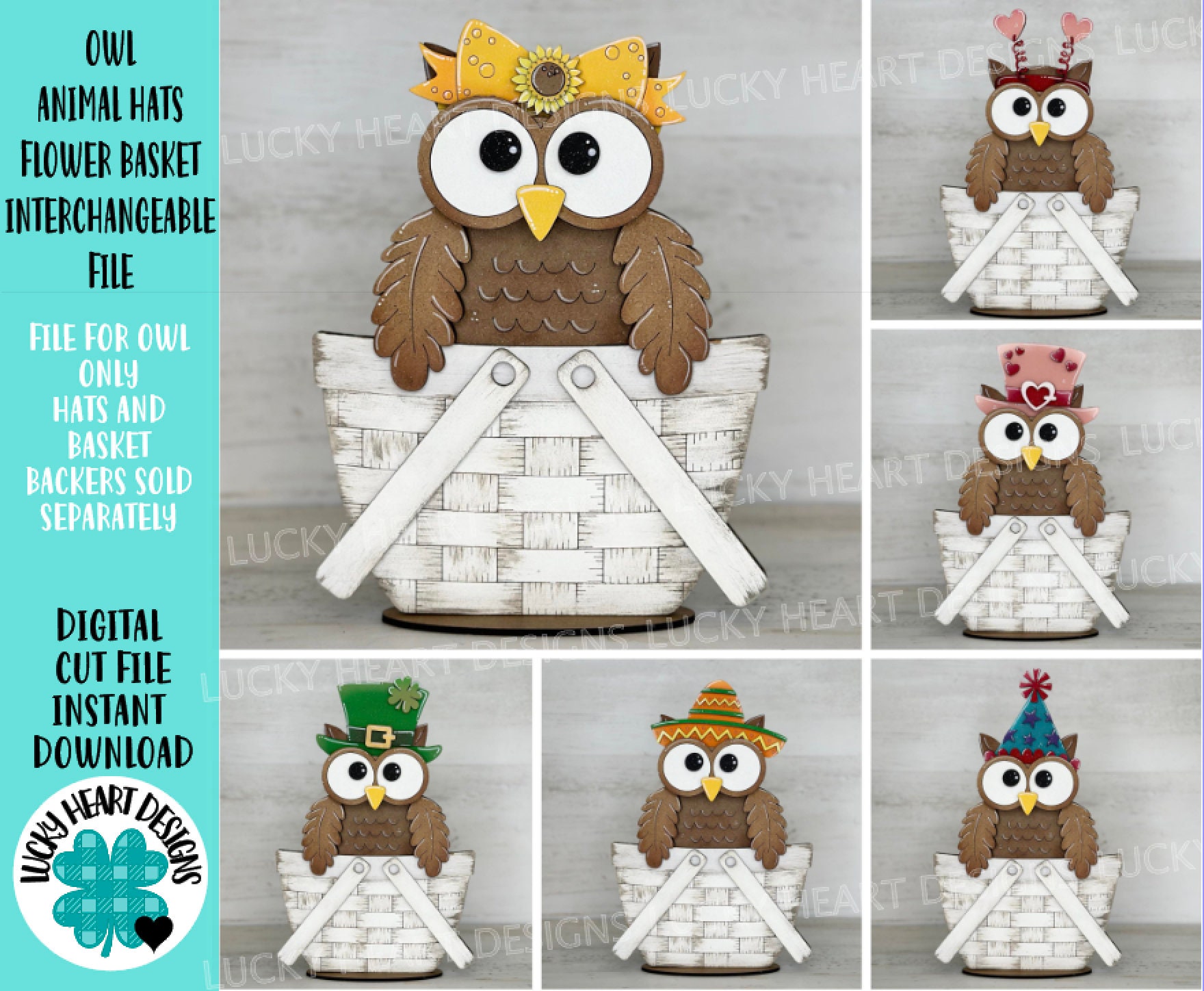 Owl Animal Hats Flower Basket Interchangeable File SVG, Farm, Christmas, Fall, Halloween, Tiered Tra